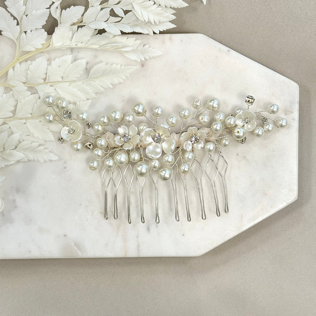 Bridal Pearl and Flowers Comb